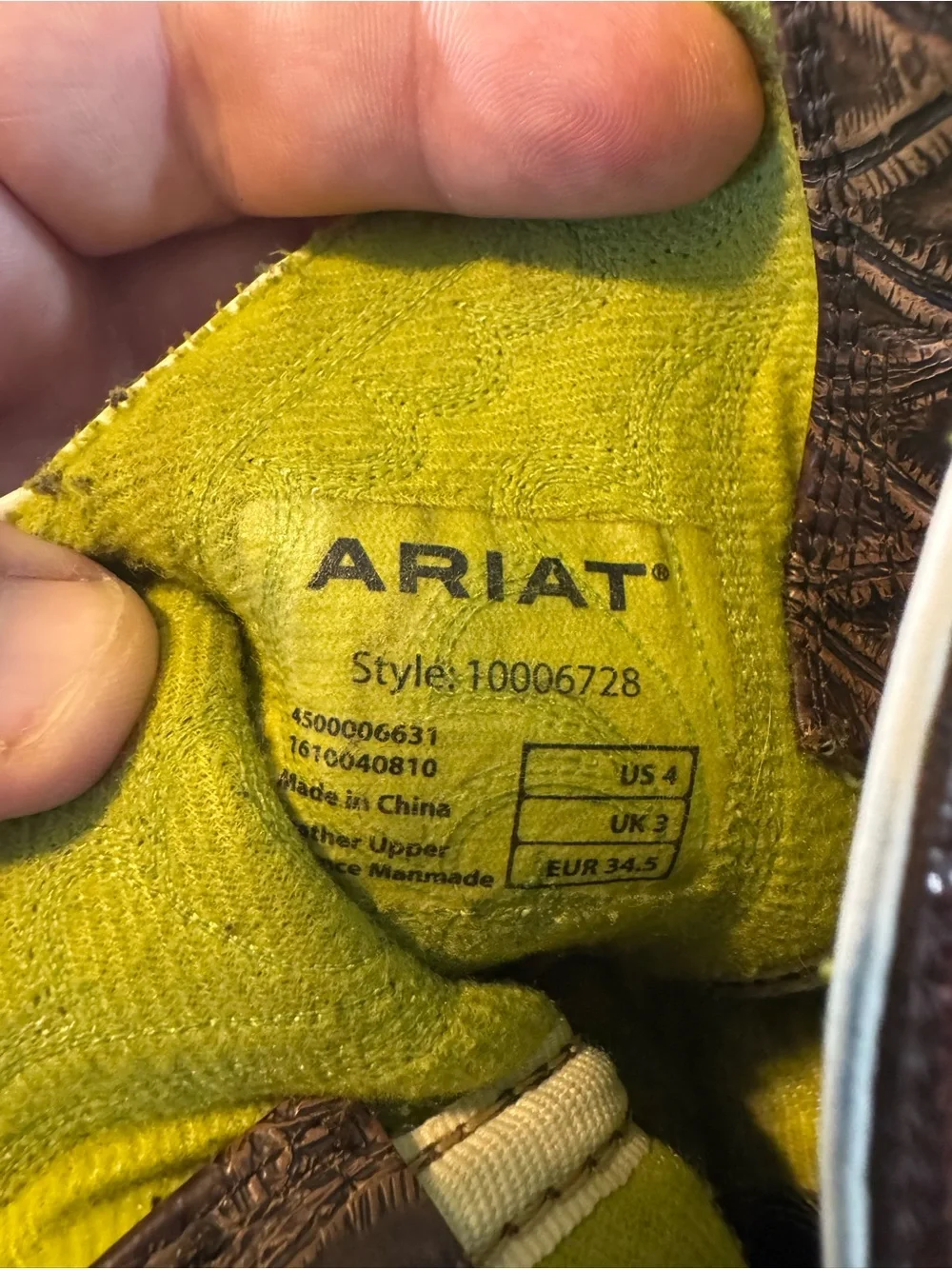 Ariat youth or kids cowboy brown/green stitching boots style: 1006728 size 4